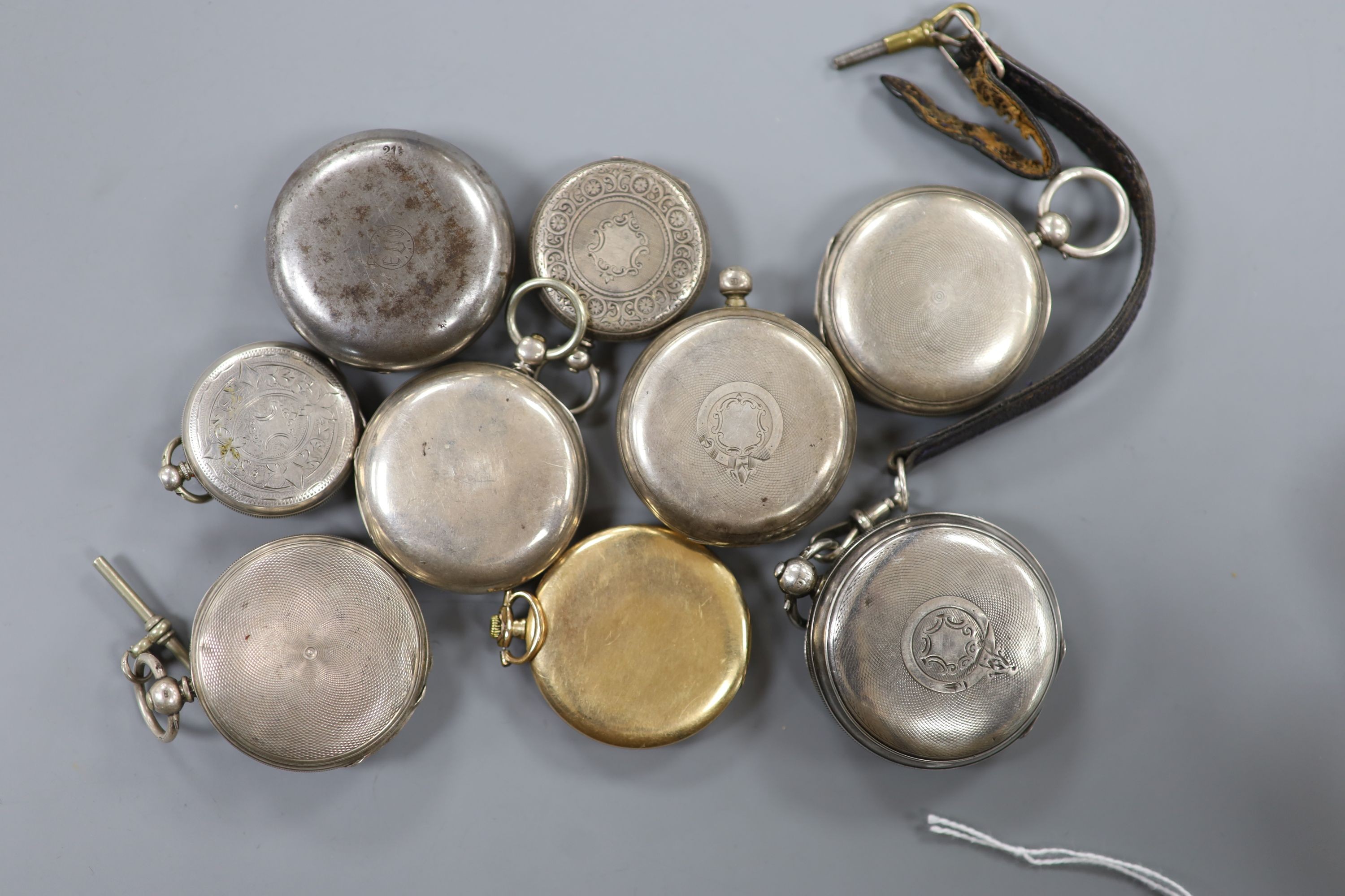 A gold plated pocket watch, an Edwardian silver cased chronometer pocket watch by John Forrest, four other silver pocket watches including J.W. Benson, two fob watches including silver and 800 white metal and a metal wat